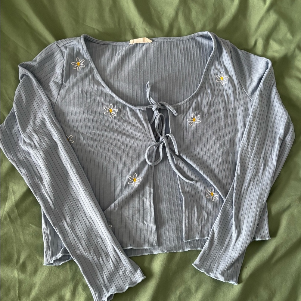Sky Blue Floral Embroidered Tie-Front Crop Top